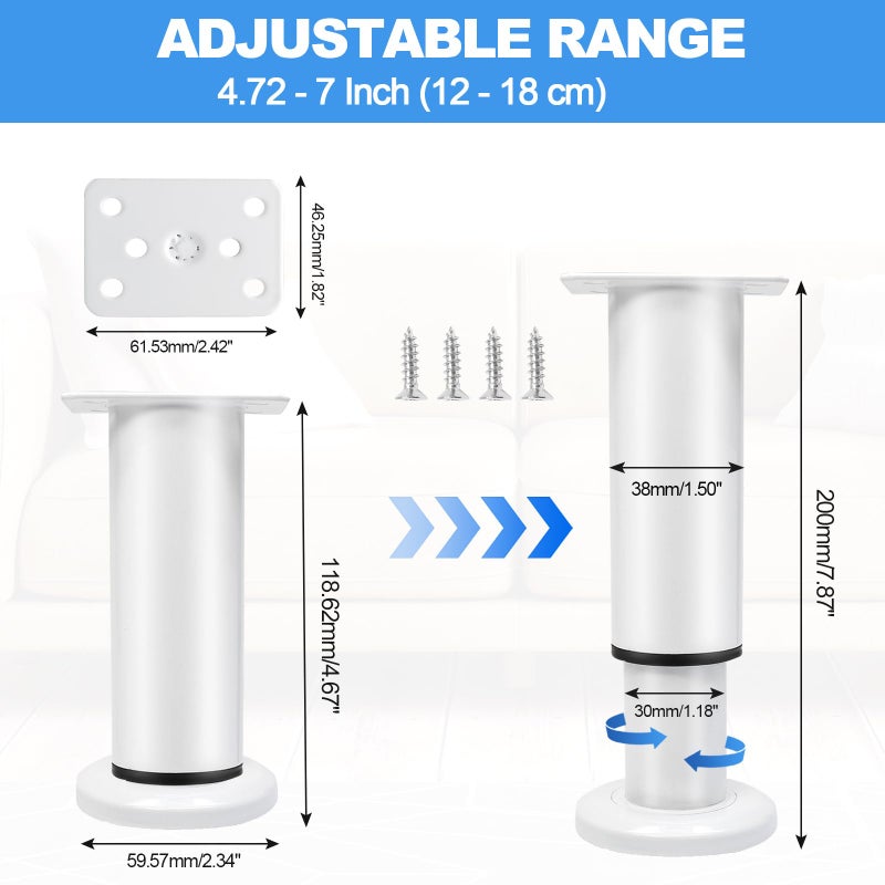 Uenhoy مجموعة من 4 أرجل أثاث قابلة للتعديل مقاس 4.72-7 بوصة أرجل خزانة معدنية شديدة التحمل للكرسي وطاولة مضمد وأريكة وسرير وأرجل دعم الأثاث واستبدال أقدام الأثاث، أبيض - Image 2